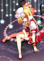 Rule 34 | 1girl, blonde hair, crystal, cuffs, dress, flandre scarlet, hat, hat ribbon, long hair, looking at viewer, magic circle, mob cap, ponytail, puffy sleeves, red dress, red eyes, red skirt, ribbon, roh nam kyung, shirt, shoes, short sleeves, side ponytail, sitting, skirt, smile, solo, star (symbol), touhou, white shirt, wings, wrist cuffs