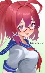 1girl ahoge bespectacled blue_background blue_sailor_collar dorachan_r glasses gradient_background hair_ornament highres i-168_(kancolle) kantai_collection long_hair neckerchief one-hour_drawing_challenge red_eyes red_hair red_neckerchief sailor_collar sailor_shirt school_uniform serafuku shirt solo twitter_username white_shirt x_hair_ornament