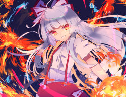 Rule 34 | 1girl, blunt bangs, bow, breasts, fire, floating hair, fujiwara no mokou, grin, hair bow, hime cut, long hair, looking at viewer, multicolored bow, ofuda, pants, paper, parted lips, red pants, shirt, short sleeves, sidelocks, small breasts, smile, solo, standing, suspenders, teeth, torn clothes, torn sleeves, touhou, tsukikusa, white shirt, wind