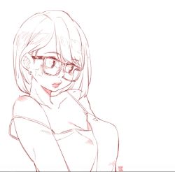 Rule 34 | 1girl, breasts, cleavage, glasses, large breasts, looking down, monochrome, original, short hair, sketch, snowcie, solo, thick lips, white background