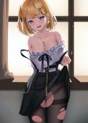 Rule 34 | 1girl, :d, arm behind back, aya (lezon), bare shoulders, black bow, black pantyhose, black skirt, blonde hair, blue eyes, blush, bow, breasts, cleavage, clothes lift, clothes pull, collarbone, commentary, cowboy shot, earrings, hair ornament, heart, heart earrings, highres, hololive, hololive english, indoors, jewelry, key, key necklace, large breasts, lifting own clothes, looking at viewer, necklace, off-shoulder shirt, off shoulder, one side up, open mouth, panties, panties under pantyhose, pantyhose, pink panties, shirt, shirt pull, short hair, skirt, skirt lift, smile, solo, standing, suspender skirt, suspenders, thigh gap, thighband pantyhose, torn clothes, torn pantyhose, underwear, virtual youtuber, watson amelia, watson amelia (street casual), white shirt, window, zipper pull tab, zipper skirt