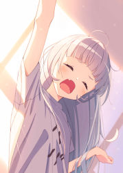 Rule 34 | 1girl, absurdres, ahoge, arm up, blunt bangs, breasts, closed eyes, commentary, day, fang, grey shirt, highres, hololive, indoors, kounaien (comic1217), long hair, murasaki shion, open mouth, shirt, short sleeves, silver hair, skin fang, small breasts, solo, standing, sunlight, tears, upper body, virtual youtuber