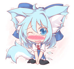 Rule 34 | 1girl, animal ears, black pantyhose, blue dress, blue eyes, blue hair, blush, bow, cat ears, cat tail, chibi, cirno, dress, hair bow, kemonomimi mode, lozelia, matching hair/eyes, one eye closed, open mouth, pantyhose, solo, tail, tears, touhou, trembling, v arms, wings, wink