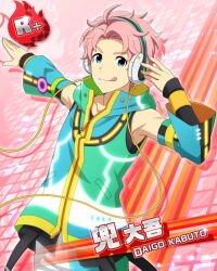 Rule 34 | 1boy, ahoge, blue eyes, card (medium), character name, fingernails, headphones, idol, idolmaster, idolmaster side-m, kabuto daigo, looking at viewer, male focus, official alternate costume, official art, pink background, pink hair, smile, solo, tongue, tongue out
