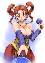 Rule 34 | 1girl, bare shoulders, blush, breasts, brown eyes, brown hair, cleavage, corset, dragon quest, dragon quest viii, dress, earrings, grin, jessica albert, jewelry, large breasts, purple shirt, red hair, shinozuka jouji, shirt, smile, solo, square enix, strapless, strapless dress, twintails