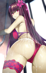 Rule 34 | 1girl, ass, bare shoulders, bikini, blush, breasts, closed mouth, commentary request, fate/grand order, fate (series), flower, from behind, hair between eyes, hair flower, hair ornament, large breasts, long hair, looking at viewer, looking back, muunyan (yumenekoya), purple bikini, purple hair, red eyes, scathach (fate), scathach (fate/grand order), scathach (swimsuit assassin) (fate), shower (place), showering, smile, solo, swimsuit, thigh strap, water, wet