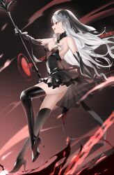 Rule 34 | 1girl, absurdres, ass, azur lane, black dress, black footwear, black thighhighs, black veil, breasts, bridal veil, cleavage, crown, dress, elbow gloves, fishnet fabric, frilled dress, frills, from side, gloves, grey hair, high heels, highres, holding, holding scepter, long hair, mini crown, open mouth, oxygen mask (oxygenmask233), profile, queen elizabeth (meta) (azur lane), red eyes, scepter, sideboob, sleeveless, sleeveless dress, small breasts, smile, solo, standing, thighhighs, thighs, veil, wavy hair