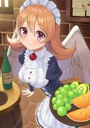 Rule 34 | 1girl, barrel, billboard, bird girl, blush, bottle, brick wall, closed mouth, commentary request, dress, eyelashes, fagi (kakikaki), feathered wings, food, fruit, holding, holding tray, indoors, ishuzoku reviewers, leaning forward, long sleeves, looking at viewer, maid headdress, meidri, orange hair, pink eyes, puffy sleeves, smile, solo, tray, window, wings, wooden tray