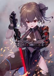 Rule 34 | 1girl, alternate costume, black dress, black gloves, black pantyhose, black ribbon, breasts, center opening, chinese commentary, dress, embers, gloves, hair bun, hair ribbon, han (ozrfour), highres, holding, holding sword, holding weapon, large breasts, looking at viewer, mechanical arms, nanami (virtuareal), nijisanji, open mouth, pantyhose, pelvic curtain, red eyes, ribbon, science fiction, side bun, single mechanical arm, single side bun, solo, sword, torn clothes, torn pantyhose, virtual youtuber, virtuareal, weapon