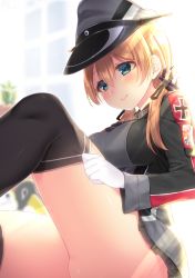 Rule 34 | 10s, 1girl, adjusting clothes, adjusting legwear, anchor hair ornament, bad id, bad pixiv id, black skirt, black thighhighs, blonde hair, blue eyes, blurry, blush, breasts, closed mouth, cross, depth of field, dressing, failure penguin, gloves, hair between eyes, hair ornament, half-closed eyes, hat, highres, iron cross, kantai collection, large breasts, light rays, long sleeves, low twintails, microskirt, military, military hat, military uniform, miss cloud, navy (navy.blue), peaked cap, pleated skirt, prinz eugen (kancolle), sitting, skirt, smile, solo, sunlight, thighhighs, thighs, twintails, uniform, white gloves