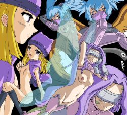 Rule 34 | 00s, 3girls, armor, armpits, arms up, blonde hair, bls, blue eyes, blue hair, breasts, cleft of venus, digimon, digimon (creature), digimon frontier, everyone, fairimon, flat chest, from side, gloves, hat, highres, mask, midriff, multiple girls, navel, nipples, no bra, no panties, nude, orimoto izumi, pink hair, purple eyes, purple hair, pussy, shutumon, simple background, small breasts, smile, stomach, toei animation, uncensored, visor, wings