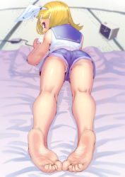 Rule 34 | 1girl, ass, bare shoulders, barefoot, blonde hair, blue eyes, blush, bow, clock, feet, foot focus, hair bow, handheld game console, highres, kagamine rin, kneepits, legs, looking back, lying, on stomach, panties, panty peek, ribbon, sailor collar, short hair, shorts, soles, solo, soon (c-u-soon), tattoo, toe scrunch, toes, underwear, upshorts, vocaloid, white panties