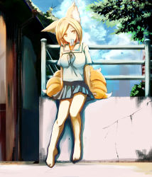 Rule 34 | 1girl, alternate costume, animal ears, barefoot, blonde hair, contemporary, dearmybrothers, female focus, food, fox ears, fox tail, highres, mouth hold, multiple tails, popsicle, school uniform, sitting, skirt, solo, tail, touhou, yakumo ran, yellow eyes