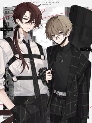 Rule 34 | 2boys, absurdres, bag, belt, black eyes, black pants, collared shirt, commentary request, ear piercing, earrings, grey eyes, hanami haru, highres, jacket, jewelry, long hair, long sleeves, looking at viewer, mask, mask pull, mole, mole under eye, mole under mouth, mouth mask, multiple boys, necklace, necktie, original, pants, parted lips, piercing, shirt, short hair, single earring, sleeves rolled up, suit jacket, teeth, turtleneck, white shirt