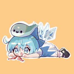 Rule 34 | 1girl, animal, animal on head, aqua hair, black footwear, black mouth, blue dress, blue eyes, blush stickers, chibi, cirno, dress, fairy wings, fish, fish on head, full body, ice, ice wings, kuzucirno, lying, neck ribbon, on head, on stomach, open mouth, outline, puffy short sleeves, puffy sleeves, red ribbon, ribbon, sacabambaspis, shoes, short hair, short sleeves, simple background, smile, solo, touhou, triangle mouth, white outline, wings, yellow background