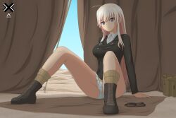 Rule 34 | 1girl, absurdres, acrux, ahoge, arm support, artist logo, black jacket, blonde hair, blue eyes, boots, breasts, commentary, cross-laced footwear, desert, english commentary, female focus, full body, goggles, gradient hair, groin tendon, hanna-justina marseille, highres, indoors, jacket, lace-up boots, large breasts, legs, light smile, long hair, long sleeves, looking at viewer, microskirt, military, military uniform, multicolored hair, panties, pantyshot, pink hair, shirt, sidelocks, sitting, skirt, smile, socks, solo, spread legs, strike witches, tent, tent peg, thighs, underwear, uniform, unworn goggles, very long hair, white panties, white shirt, white skirt, world witches series