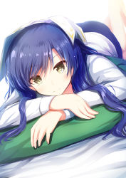 Rule 34 | 1girl, blue hair, brown eyes, commentary request, highres, idolmaster, idolmaster (classic), kisaragi chihaya, long hair, long sleeves, looking at viewer, lying, on back, pillow, ro risu, shirt, solo, white shirt