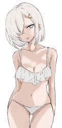Rule 34 | 1girl, bikini, blue eyes, breasts, chigasaki yukari, cleavage, commentary request, cowboy shot, frilled bikini, frills, hair ornament, hair over one eye, hairclip, hamakaze (kancolle), highres, kantai collection, looking at viewer, medium breasts, navel, short hair, silver hair, simple background, solo, swimsuit, white background, white bikini