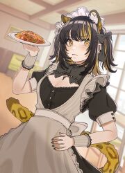 Rule 34 | 1girl, absurdres, alternate costume, animal ear fluff, animal ears, black bow, black dress, black hair, black nails, blonde hair, blurry, blurry background, bow, breasts, cleavage, commentary request, couch, cross, depth of field, dress, enmaided, food, hand up, highres, holding, holding plate, idolmaster, idolmaster shiny colors, ikaruga luca, indoors, kemonomimi mode, latin cross, leopard ears, leopard girl, leopard tail, looking at viewer, maid, medium breasts, multicolored hair, nail polish, parted lips, plate, puffy short sleeves, puffy sleeves, short sleeves, solo, streaked hair, tail, tanupon, window, wrist cuffs, yellow eyes