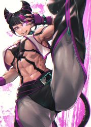Rule 34 | 1girl, abs, breasts, capcom, collar, female focus, fingerless gloves, gloves, glowing, glowing eye, han juri, highres, large breasts, leg lift, mikel (4hands), multicolored hair, muscular, muscular female, nail polish, pink eyes, revealing clothes, short hair, solo, spiked collar, spikes, street fighter, street fighter 6, two-tone hair, zipper