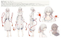 Rule 34 | 1girl, barefoot, breasts, character sheet, clothing cutout, dress, facing away, hair flaps, hair over one eye, hair ribbon, highres, kairogi meura, looking at viewer, multiple views, one eye covered, original, parted lips, profile, ribbon, simple background, sleeves past elbows, smile, standing, tail, tail through clothes, tentacles, translation request, tress ribbon, turnaround, white background, white dress, white hair, yukima (yushika)