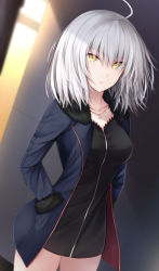 Rule 34 | 1girl, ahoge, black dress, black footwear, black jacket, breasts, coat, cowboy shot, dress, fate/grand order, fate (series), full-length zipper, fur-trimmed coat, fur-trimmed sleeves, fur trim, hands in pockets, jacket, jeanne d&#039;arc (fate), jeanne d&#039;arc alter (fate), jeanne d&#039;arc alter (ver. shinjuku 1999) (fate), jewelry, kanpyou (hghgkenfany), looking at viewer, medium breasts, necklace, official alternate costume, open clothes, open coat, open jacket, short dress, short hair, silver hair, solo, wicked dragon witch ver. shinjuku 1999, yellow eyes, zipper
