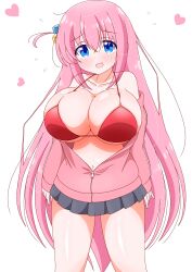 Rule 34 | 1girl, alternate breast size, arms at sides, bare shoulders, bikini, bikini top only, blue eyes, blush, bocchi the rock!, breasts, collarbone, dot nose, eyebrows, fang, feet out of frame, female focus, flying sweatdrops, gotoh hitori, grey skirt, heart, highres, huge breasts, imai kazunari, jacket, long hair, long sleeves, looking at viewer, navel, nose blush, open clothes, open jacket, open mouth, pink jacket, red bikini, skin fang, skirt, solo, standing, swimsuit, track jacket, very long hair