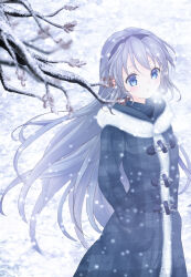 Rule 34 | 1girl, absurdres, black coat, black hairband, blue eyes, blurry, blush, branch, clannad, coat, commentary request, cowboy shot, depth of field, floating hair, fur-trimmed hood, fur trim, grey hair, hair between eyes, hairband, hand in pocket, hato maron, highres, hood, hood down, long hair, long sleeves, looking afar, open mouth, plaid, plaid coat, sakagami tomoyo, snow, snowing, solo, standing, straight hair, very long hair, visible air, winter