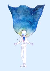 Rule 34 | 1boy, 3 (sangatu), artist name, black hair, blue background, blue cape, blue shirt, blue theme, cape, collared shirt, epaulettes, faceless, faceless male, floating clothes, formal, full body, gloves, hands up, happy, hat, jacket, kaitou kid, magic kaito, male focus, monocle, necktie, open mouth, painting (medium), pants, print cape, red necktie, shirt, short hair, signature, simple background, smile, solo, standing, starry sky print, suit, top hat, traditional media, twitter username, watercolor (medium), white footwear, white gloves, white hat, white jacket, white pants, white suit
