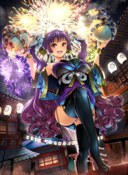 Rule 34 | 1girl, :d, absurdres, architecture, boots, breasts, east asian architecture, fireworks, highres, huge breasts, japanese clothes, kimono, lantern, long hair, neo-masterpeacer, night, open mouth, original, paper lantern, pink eyes, purple hair, seamed legwear, sheath, sheathed, short kimono, side-seamed legwear, smile, solo, sword, thigh boots, thighhighs, twintails, very long hair, wakizashi, weapon