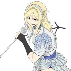 Rule 34 | 1girl, arm warmers, blonde hair, blue choker, blue hairband, choker, commentary request, cropped jacket, green eyes, hairband, highres, holding, holding microphone, jacket, leaning, love live!, love live! sunshine!!, medium hair, microphone, microphone stand, ohara mari, open clothes, open jacket, open mouth, single hair ring, solo, upper body, v-shaped eyebrows, white background, white jacket, yakult1124