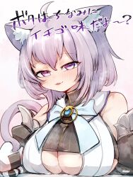 Rule 34 | 1girl, :3, ahoge, animal ear fluff, animal ears, blush, breasts, brooch, cat ears, cat girl, cat tail, cleavage, cleavage cutout, clothing cutout, commentary request, cosplay, highres, hololive, hololive english, ikayaki (ikayaki4), jewelry, large breasts, looking at viewer, nekomata okayu, onigirya (nekomata okayu), ouro kronii, ouro kronii (1st costume), ouro kronii (cosplay), purple eyes, purple hair, solo, tail, tongue, tongue out, translation request, underboob, underboob cutout, virtual youtuber