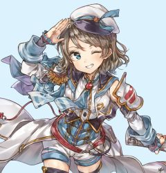 Rule 34 | 1girl, armor, bad id, bad pixiv id, belt, belt pouch, blue background, blue capelet, blue eyes, blue necktie, blue ribbon, capelet, commentary request, corset, detached sleeves, epaulettes, granblue fantasy, grey hair, grin, hat, hat ribbon, holding, love live!, love live! sunshine!!, necktie, one eye closed, pauldrons, pouch, ribbon, salute, short hair, short shorts, shorts, shoulder armor, simple background, smile, solo, takenoko no you, vest, waist cape, watanabe you
