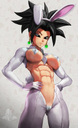 Rule 34 | 1girl, abs, absurdres, animal ears, black eyes, black hair, breasts, covered erect nipples, cuffs, dragon ball, dragon ball super, earrings, elite nappa, fake animal ears, fusion, hand on own hip, highres, jewelry, kefla (dragon ball), looking down, meme attire, pasties, potara earrings, rabbit ears, rabbit tail, reverse bunnysuit, reverse outfit, standing, thick thighs, thighs