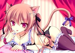 Rule 34 | 1girl, animal ears, bare shoulders, bed, bed sheet, bow, bra, breasts, cat ears, cat tail, choker, cleavage, collarbone, curtains, frilled bra, frilled thighhighs, frills, garter belt, hair ornament, hair ribbon, hairclip, key, long hair, looking at viewer, lying, nail polish, nanaki utsugi, no shoes, on stomach, orange hair, original, pillow, red eyes, ribbon, solo, sora 18, tail, thighhighs, tongue, tongue out, twintails, underwear, wristband