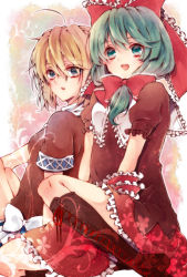 Rule 34 | 10-count, 2girls, arm warmers, blonde hair, blush, boots, bow, breasts, dress, frills, front ponytail, green eyes, green hair, hair bow, hair ornament, hair ribbon, kagiyama hina, long hair, mizuhashi parsee, multiple girls, open mouth, red dress, ribbon, scarf, short hair, skirt, smile, touhou, vest