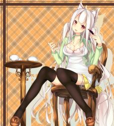 Rule 34 | 1girl, absurdres, animal ears, blush, breasts, brown eyes, chair, cleavage, cosmetics, fox ears, fox tail, highres, lipstick tube, long hair, looking at viewer, open mouth, original, shirohina, silver hair, sitting, smile, solo, tail, thighhighs, tongue, very long hair