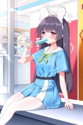 Rule 34 | 2girls, apron, black bow, black hair, blue apron, blue archive, blue serafuku, blue shirt, blue skirt, blush, bow, breasts, collared shirt, commentary request, feet out of frame, food, green neckerchief, halo, hand up, headgear, highres, holding, holding food, ine (ineinnen), long hair, miyu (blue archive), multiple girls, neckerchief, pantyhose, pleated skirt, popsicle, red eyes, sailor collar, school uniform, serafuku, shirt, short sleeves, sitting, skirt, small breasts, solo focus, sora (blue archive), strap slip, sweat, very long hair, white pantyhose, white sailor collar, white shirt