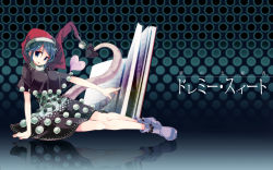 Rule 34 | 1girl, aoi kujira, black dress, blue eyes, blue hair, book, boots, breasts, character name, demon tail, doremy sweet, dress, gradient background, halftone, halftone background, hat, highres, legs, looking at viewer, matching hair/eyes, multicolored clothes, multicolored dress, nightcap, open book, reflective floor, sitting, smile, solo, tail, tapir tail, tongue, tongue out, touhou, wallpaper, white dress
