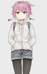 Rule 34 | 1girl, bad id, bad twitter id, black pantyhose, blue eyes, cowboy shot, grey hoodie, hands in pockets, hood, hoodie, kantai collection, looking at viewer, pantyhose, pink hair, shiranui (kancolle), short hair, short shorts, shorts, simple background, solo, tomako (331), white background