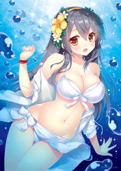 Rule 34 | 1girl, :d, air bubble, bare shoulders, bikini, blush, breasts, brown eyes, bubble, cleavage, collarbone, commentary request, female focus, flower, freediving, grey hair, hair flower, hair ornament, hairband, hairclip, haruna (kancolle), jacket, kantai collection, large breasts, long hair, looking at viewer, navel, open mouth, sarong, shigunyan, smile, solo, submerged, swimsuit, underwater, white bikini