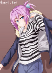 Rule 34 | 10s, 1girl, anti (untea9), blue eyes, blush, casual, commentary request, dressing, highres, jacket, kantai collection, long hair, looking at viewer, pink hair, ponytail, shiranui (kancolle), shirt, short ponytail, solo, striped clothes, striped shirt, twitter username