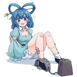 Rule 34 | aqua dress, black footwear, bloomers, blue eyes, blue hair, blush, bobby socks, breasts, cleavage, clothes lift, collarbone, dress, drill hair, drill sidelocks, flying sweatdrops, bear trap, full body, hair ornament, hair rings, hair stick, itatatata, kaku seiga, knees up, lifted by self, looking at viewer, medium breasts, nervous smile, ofuda, short hair, sidelocks, simple background, sitting, skirt, skirt lift, smile, socks, solo, touhou, twin drills, underwear, vest, white background, white vest