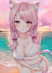 Rule 34 | 1girl, ahoge, alternate costume, animal ear fluff, animal ears, arm under breasts, beach, bikini, blush, braid, breasts, cat ears, cat girl, cat tail, cleavage, collarbone, commentary request, commission, covering crotch, covering privates, cowboy shot, embarrassed, evening, eyes visible through hair, groin, hair intakes, hair ribbon, highres, horizon, indie virtual youtuber, izumiya konomi, large breasts, leaning forward, long hair, looking at viewer, navel, ocean, outdoors, parted lips, pink eyes, pink hair, pink sky, pink tail, red ribbon, ribbon, second-party source, skeb commission, sky, solo, standing, swimsuit, tail, twin braids, twintails, virtual youtuber, water, wet, wet bikini, wet clothes, white bikini, yotsugi