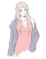 Rule 34 | 1girl, bare shoulders, blonde hair, collarbone, dress, haiba arisa, haikyuu!!, jacket, long hair, looking to the side, off shoulder, open clothes, open jacket, parted lips, pink dress, sketch, sleeveless, sleeveless dress, solo, yankasmiles