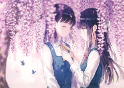 Rule 34 | 2girls, adjusting another&#039;s clothes, backlighting, belt, belt buckle, black hair, blue dress, blunt bangs, blurry, blush, bow, buckle, bug, butterfly, closed eyes, closed mouth, collared shirt, day, depth of field, dress, flower, flower request, hair bow, highres, hiten (hitenkei), insect, long hair, long sleeves, multiple girls, neck ribbon, original, outdoors, pinafore dress, pink ribbon, profile, ribbon, scan, school uniform, shirt, short hair, sidelocks, sleeveless dress, tree, under tree, upper body, white bow, white shirt, wing collar