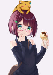 Rule 34 | 1girl, absurdres, animal, animal on head, bag, black sleeves, black sweater, blunt bangs, blush, closed mouth, clover hair ornament, detached sleeves, food, four-leaf clover hair ornament, glasses, green eyes, hair ornament, hairclip, hand to own mouth, hands up, highres, holding, holding food, ice cream, ice cream cone, ikazu401, nagisa arcinia, nijisanji, nijisanji id, on head, pink-framed eyewear, purple background, purple hair, ribbed sleeves, ribbed sweater, short hair, shoulder bag, simple background, sleeveless, sleeveless turtleneck, sleeves past wrists, solo, sweater, tiger, triple scoop, turtleneck, turtleneck sweater, virtual youtuber