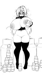 Rule 34 | 1girl, bottle, breast hold, breasts, curvy, groin, highres, huge breasts, lactation, large areolae, leaking, long hair, looking at viewer, milk bottle, monochrome, navel, nipples, no pussy, nude, original, ribbed sweater, semi-rimless eyewear, standing, sub-res, sweater, tears, thigh gap, thighhighs, trembling