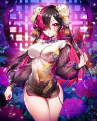 Rule 34 | 1girl, black hair, blush, breasts, bun cover, china dress, chinese clothes, commission, covered navel, double bun, dragon print, dress, earrings, fang, flower, hair bun, hair flower, hair ornament, hair over one eye, hand up, holding, jewelry, large breasts, long hair, long sleeves, looking at viewer, multicolored hair, munlu (wolupus), open mouth, original, pink hair, print dress, puffy long sleeves, puffy sleeves, rose, skeb commission, solo, thighs, two-tone hair, white flower, white rose