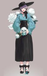 Rule 34 | 1girl, aqua eyes, bow, dripping, flower, flower in mouth, hat, highres, holding, holding skull, liquid, long skirt, open mouth, original, purple hair, simple background, skirt, skull, solo, woomi